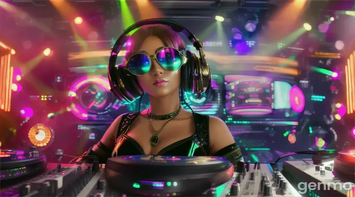 Women wearing steampunk sunglasses, glittery headphones and low-cut latex swimsuits stand near a DJ mixing console and electric piano in a steam punk club. Laser beams of bright colors against the background of large television screens.