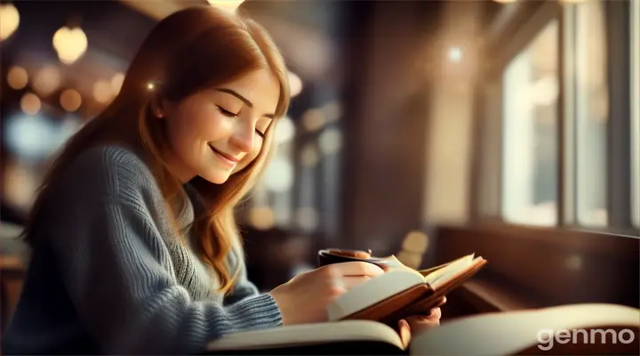 16:9 ar detailed , realistic ,dream-like A woman reading a book in a cozy cafe, sipping on a warm beverage and occasionally looking up with a contented smile.