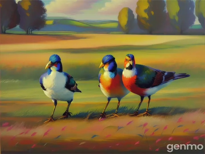 a painting of three birds walking in a field