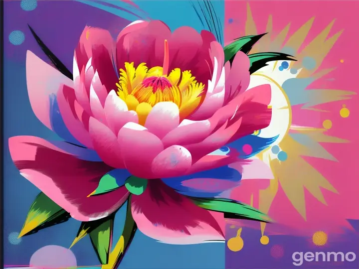 Drawing: bright day, stylized single pink peony flower with a stem against a background of blue sky and sun (large strokes with strokes, strokes, blots) On an abstract pop art background with spots and strokes. Рисунок: яркий день, стилизованный одиночный розовый цветок пион со стеблем на фоне голубого неба и солнца (крупные штрихи со штрихами, штрихами, кляксами) На абстрактном фоне поп-арта с пятнами и штрихами.
