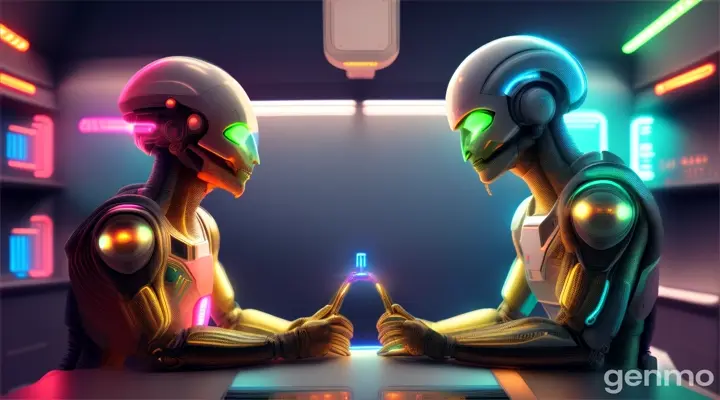 “Two alien doctors talking to a  human being in a neon-lit, high-tech lab having fun”