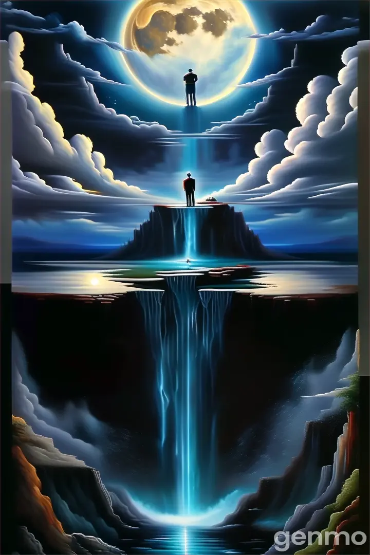 a painting of a man standing on a waterfall under a full moon