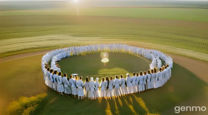 A group of Doctors and Nurses floating with their legs crossed in a circle above a healing field of vibrant wildflowers in bloom and the camera orbits around from 25 feet above the field with rolling hills in the distance.