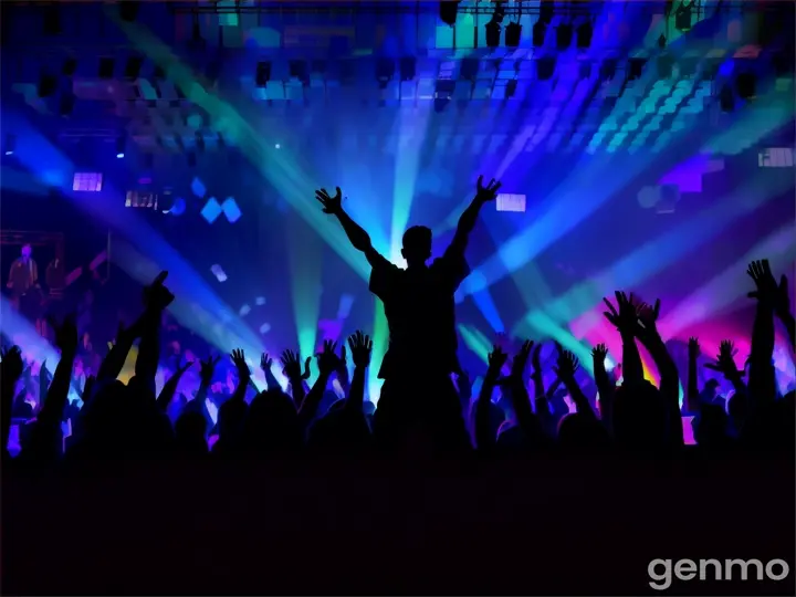 A dramatic overhead shot of a crowd at night, illuminated by colorful stage lights, their arms in the air