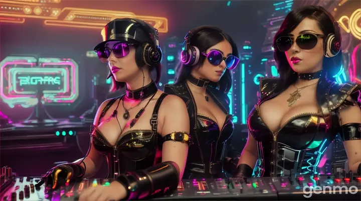 Women in early steampunk style sunglasses, shiny headphones and low-cut latex carriages stand near the DJ console and electric piano in a steam punk club. Laser beams of bright colors against the background of large television screens.