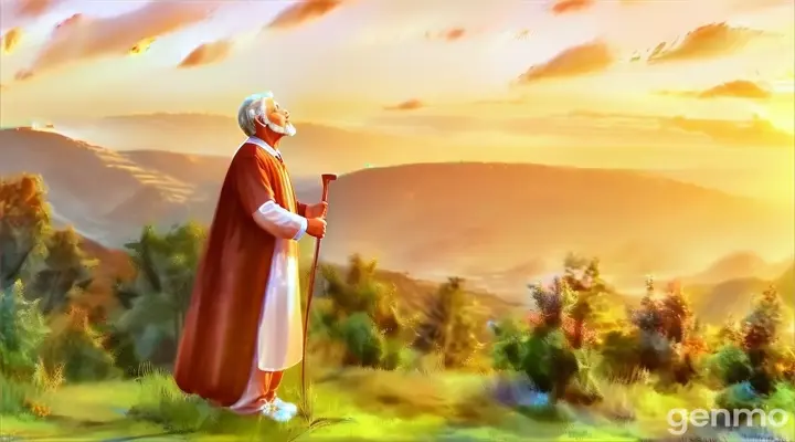 a painting of an old man standing on a hill