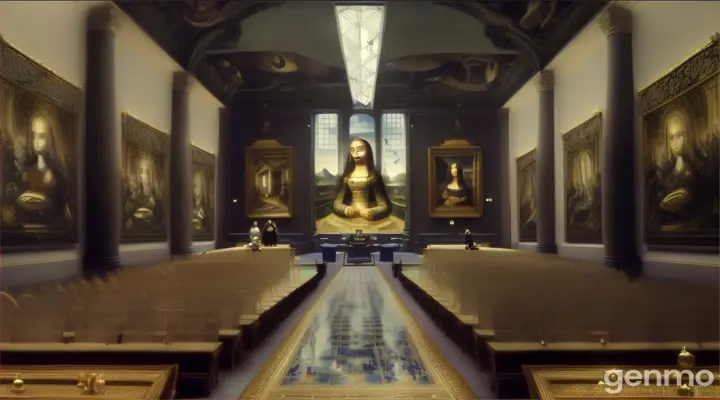 Surrealist film of Mona Lisa Joconda as Les Vestales Paul Delvaux and as Balthus surrounded by chess-mirrors-labyrinth 