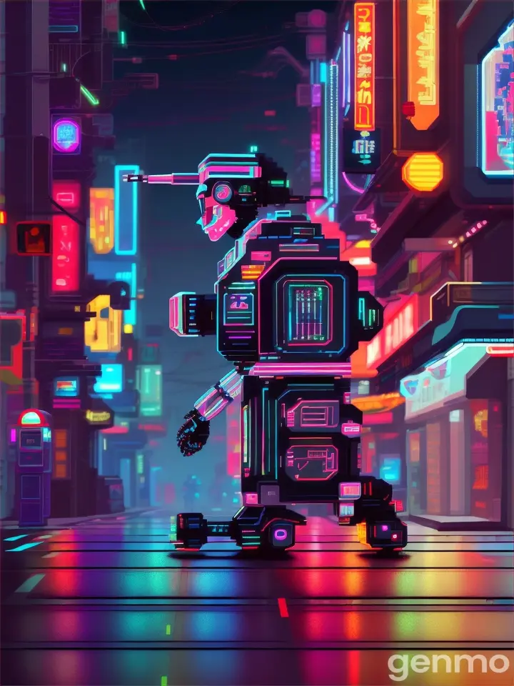 a robot walking in a street. 2d. side view