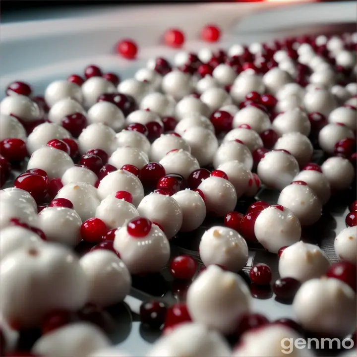 White balls with cranberries and nuts are rolling along the conveyor