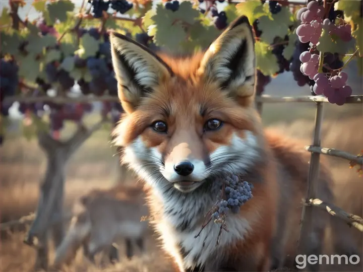 Depict the fox's frustration as he realizes he cannot reach the grapes, his ears drooping and his tail sagging with disappointment