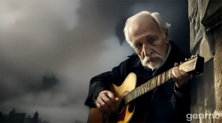 An elderly man with a rough appearance plays guitar amid the darkness of a Gothic castle surrounded by mist