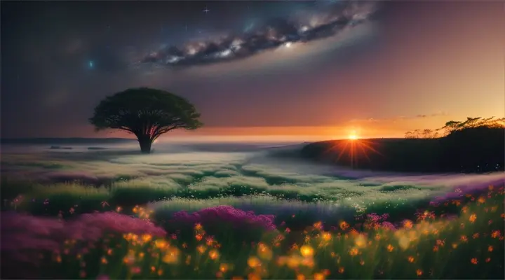 flocks of fireflies and stars sunrise Tornadoes As the flowers night begins to ring, a misty veil, Together, they emerge, a radiant light of resonant energy, as the world sleeps serenely next to the chaos, a calm and tranquil y that fills the air with a symphony of energy. Perfume from the detailed structure of a neural network with the real world photorealistic 35mm film natural light realistic dynami