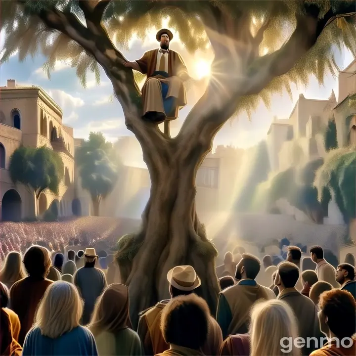 a man sitting on top of a tree surrounded by people