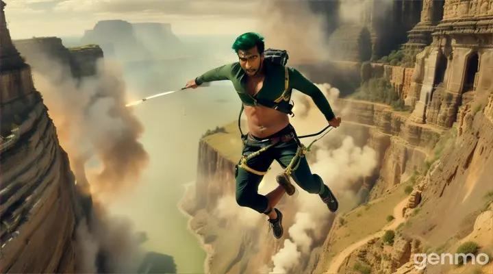 Green midlong hair Indian guy jumping off a helicopter towards a giant pit