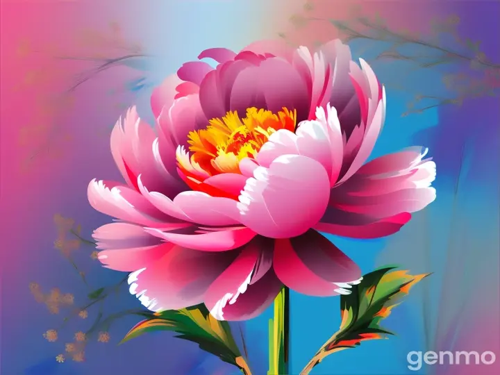 Drawing: bright day, stylized single pink peony flower with a stem against a background of blue sky and sun (large strokes with strokes, strokes, blots) On an abstract pop art background with spots and strokes. Рисунок: яркий день, стилизованный одиночный розовый цветок пион со стеблем на фоне голубого неба и солнца (крупные штрихи со штрихами, штрихами, кляксами) На абстрактном фоне поп-арта с пятнами и штрихами.
