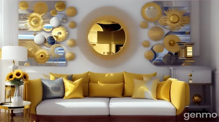 Living Room
Sun Area: Decorate with sunburst mirrors, golden-yellow cushions, and warm wood furniture. Use art pieces that depict sunflowers, deserts, or sunny landscapes.
Moon Area: Use silver, blue, and white tones with soft, plush furnishings. Add moon phase wall art, celestial maps, and star-themed decor.
