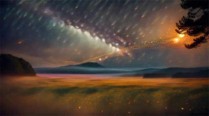 flocks of fireflies and stars sunrise Tornadoes As the flowers night begins to ring, a misty veil, Together, they emerge, a radiant light of resonant energy, as the world sleeps serenely next to the chaos, a calm and tranquil y that fills the air with a symphony of energy. Perfume from the detailed structure of a neural network with the real world photorealistic 35mm film natural light realistic dynami