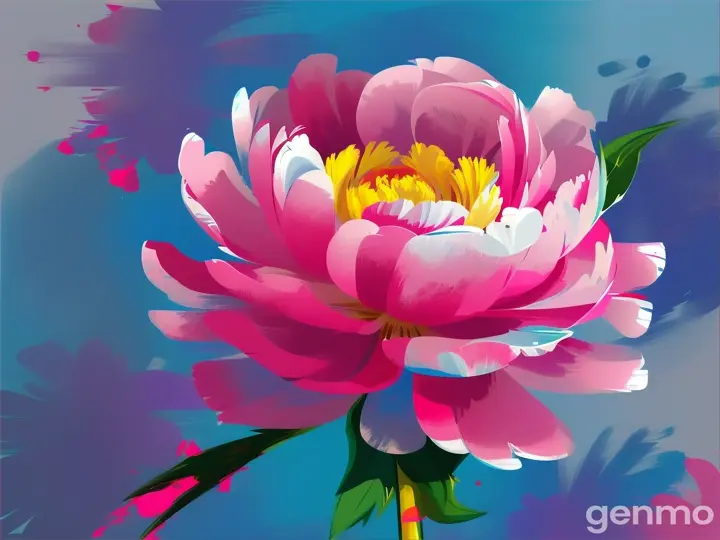 Drawing: bright day, stylized single pink peony flower with a stem against a background of blue sky and sun (large strokes with strokes, strokes, blots) On an abstract pop art background with spots and strokes. Рисунок: яркий день, стилизованный одиночный розовый цветок пион со стеблем на фоне голубого неба и солнца (крупные штрихи со штрихами, штрихами, кляксами) На абстрактном фоне поп-арта с пятнами и штрихами.

