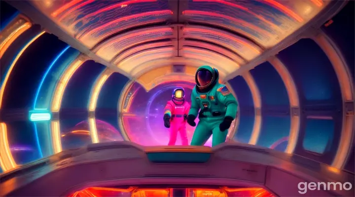 Two cosmonauts playfully exploring a zero-gravity, neon-lit amusement park, with celestial wonders serving as a backdrop