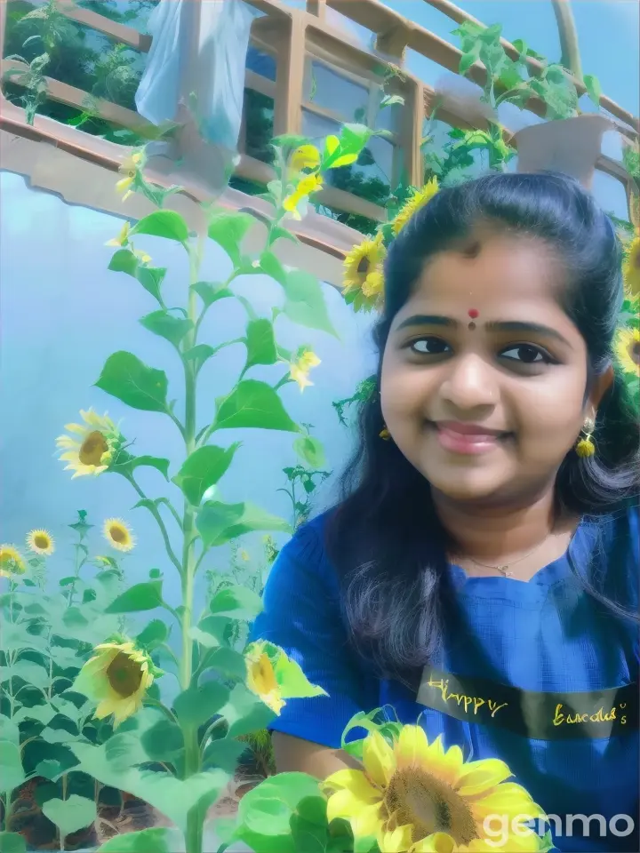 A happy birthday message to Swetha spelled out in tall sunflower fields under a clear blue sky