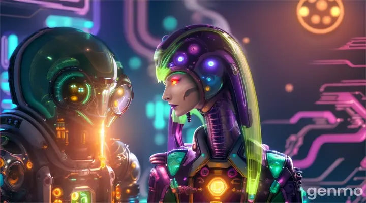 One alien one human doctor interacting on a bio-organic creature in a neon-lit, high-tech lab having fun”