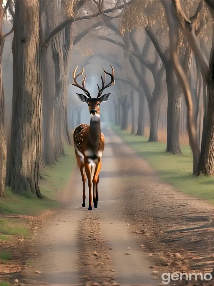 a deer running down a dirt road next to trees