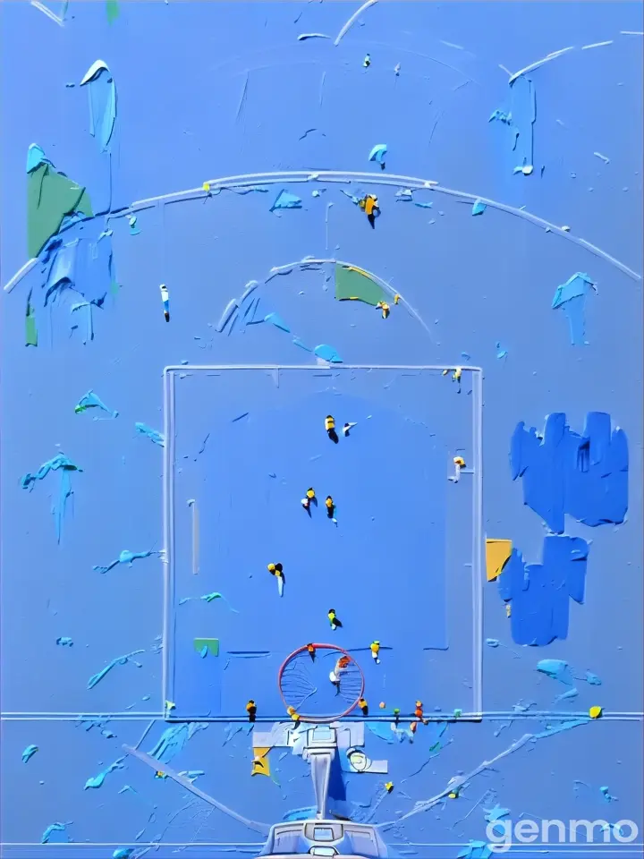 A top view of a basketball game in the style of a Pop Art piece, with bright colors and bold outlines