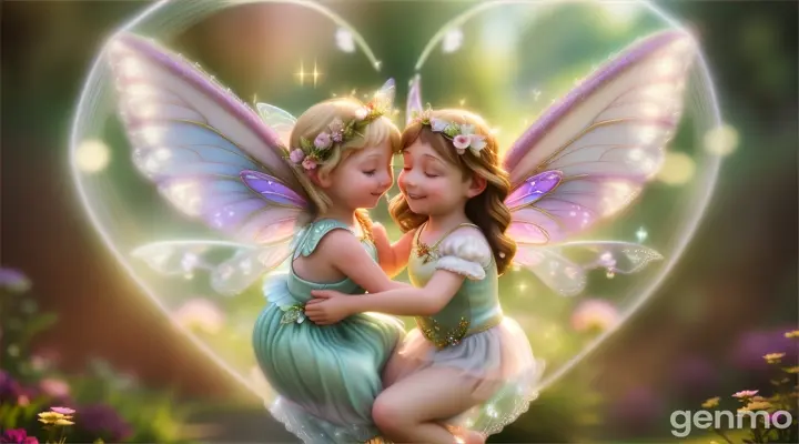 The little fairy wakes up, stretches her sparkling wings, and flies to her mother. She wraps her arms around her mother's neck, showing the deep love and connection they share. The mother fairy embraces her daughter, smiling warmly.