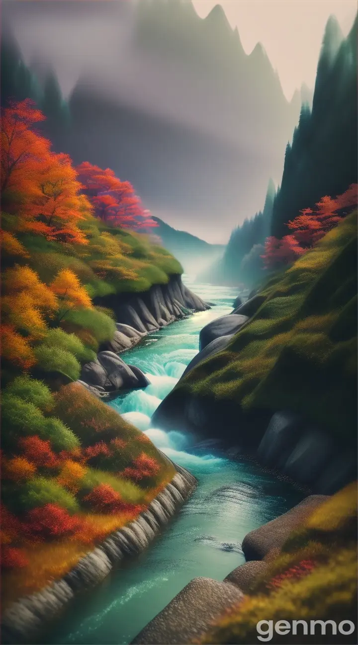 Japanese animation style, randomly generated landscapes, rivers, mountains, fallen leaves, streams, fog, bushes