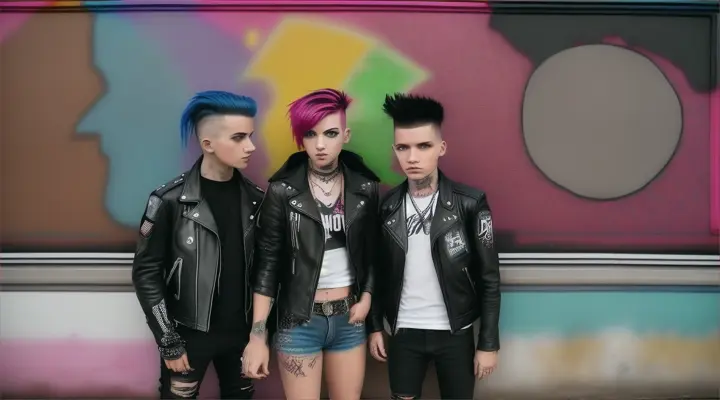 1 cool punk girl and 2 punk boys in front graffity wall with anarchy symbol