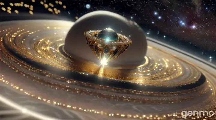 beta gruis star emission shell pour over flow of diamonds and gold on roof of Saturn planet and Saturn rings 
