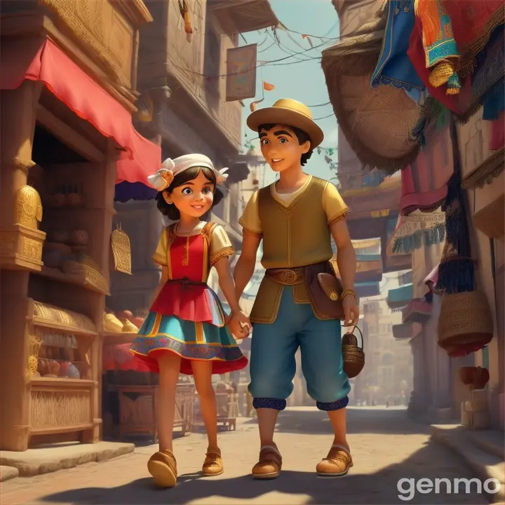  In the era of the Pharaohs, two children named John and Samira lived in the vibrant city of ThebesJThe children began their investigation by visiting the marketplace where the amulet was last seen. They observed the area carefully, noting every detail. 
3d carton