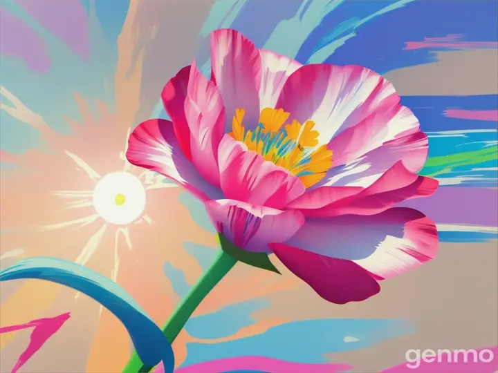 Drawing: bright day, stylized single pink eustoma flower with a stem against a background of blue sky and sun (large strokes with strokes, strokes, blots) On an abstract pop art background with spots and strokes. Рисунок: яркий день, стилизованный одиночный розовый цветок эустома со стеблем на фоне голубого неба и солнца (крупные штрихи со штрихами, штрихами, кляксами) На абстрактном фоне поп-арта с пятнами и штрихами.
