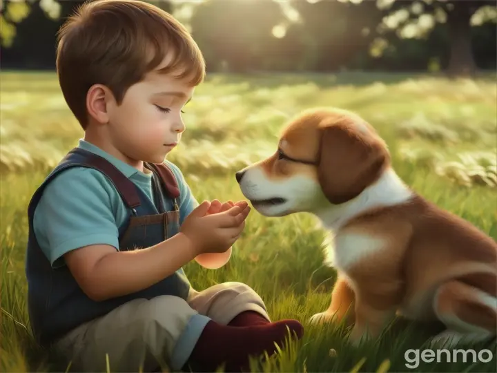 A little boy gently touching a puppy. In grass. Animation style Pixar animation style realistic style 