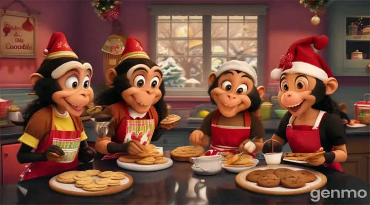 Monkeys bake cookies and make hot cocoa, sharing laughter and joy in the process.