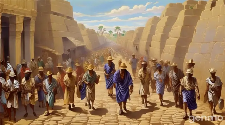 a painting of a group of people walking down a street