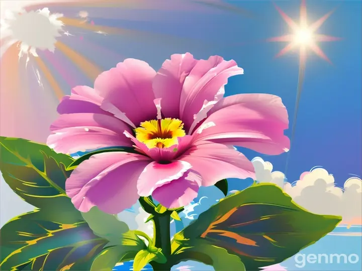 Drawing: bright day, stylized single pink petunia flower with a stem against a background of blue sky and sun (large strokes with strokes, strokes, blots) On an abstract pop art background with spots and strokes. Рисунок: яркий день, стилизованный одиночный розовый цветок петуния со стеблем на фоне голубого неба и солнца (крупные штрихи со штрихами, штрихами, кляксами) На абстрактном фоне поп-арта с пятнами и штрихами.