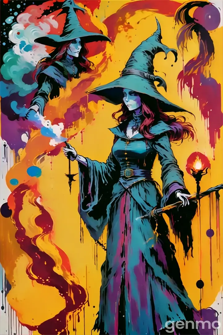 a painting of a witch holding a wand