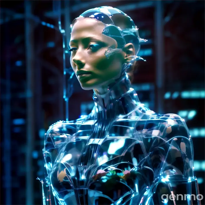 a woman in a futuristic suit is looking at something