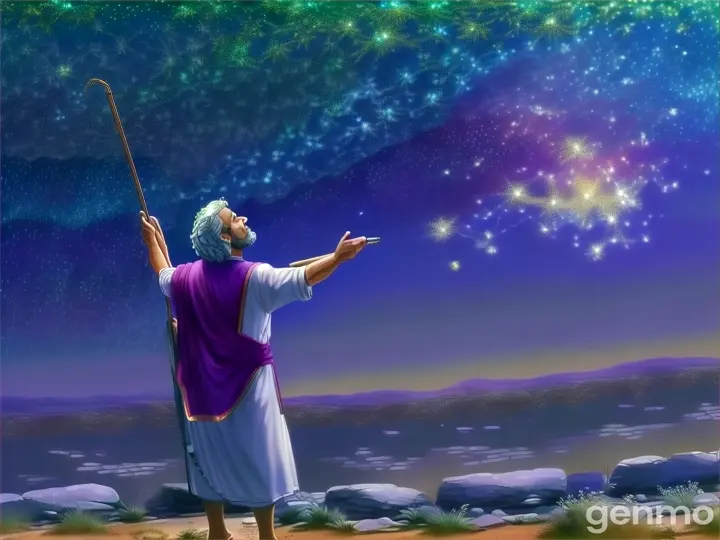 a painting of a man holding a staff in front of a sky full of stars