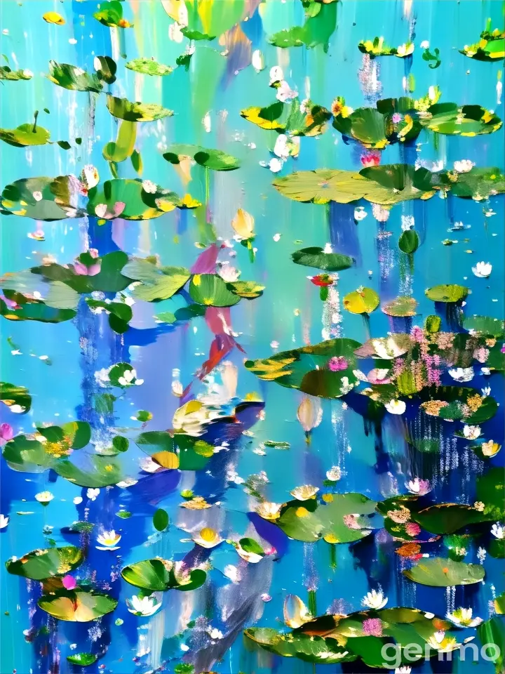 a painting of water lilies floating in a pond