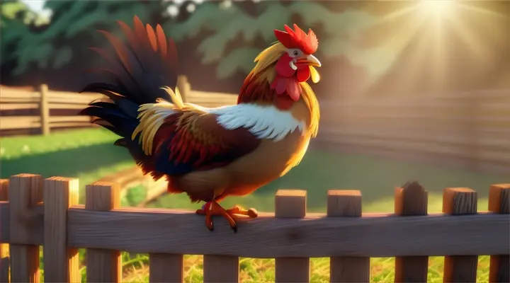 an animated rooster on a wooden fence flapping its wings and munching on peanuts