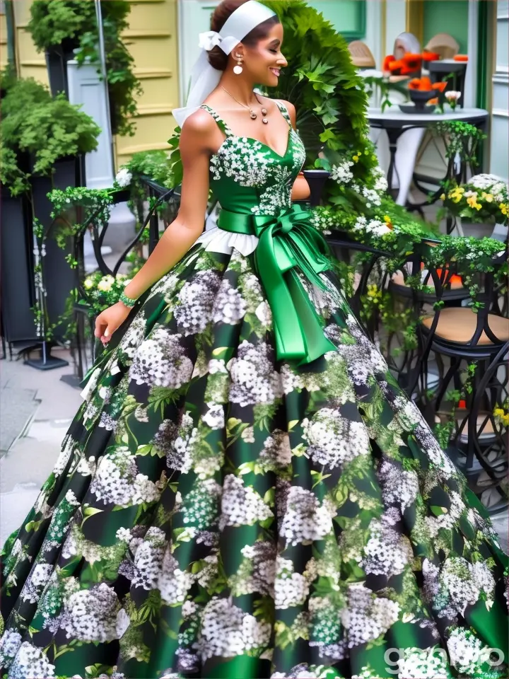 a woman in a green and white dress