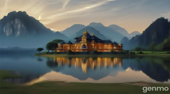 "A majestic palace nestled in a lush, green valley with towering mountains in the background."