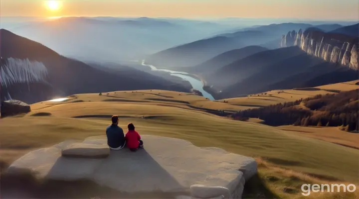 "In a 4K wide shot of a serene mountain retreat, show a Pakistani father with his 22-year-old son and 23-year-old daughter reflecting on a moment of sacrifice. How did his actions shape their lives, and what message do they want to share with him this Father's Day?"