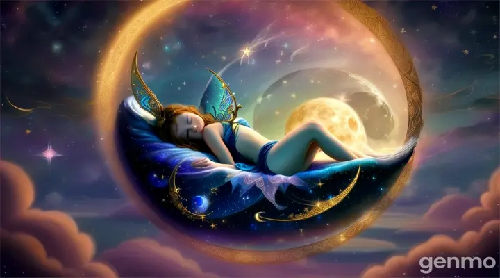 A sleeping fairy on a crescent moon floating in a star-filled sky, surrounded by twinkling stars and constellations