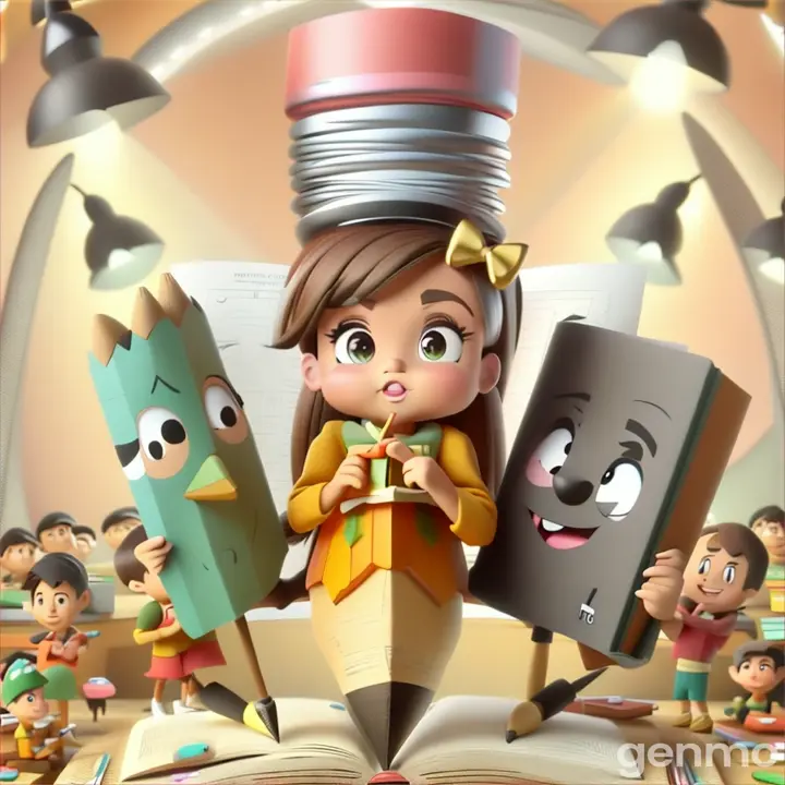 a cartoon character holding two pencils in front of a book