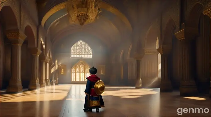 small boy Rohan with empty pot in king palace