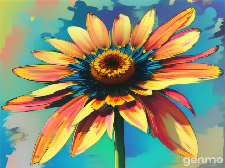 Drawing: bright day, stylized single heliopsis flower with a stem against a background of blue sky and sun (large strokes with strokes, strokes, blots) On an abstract pop art background with spots and strokes. Рисунок: яркий день, стилизованный одиночный цветок гелиопсис со стеблем на фоне голубого неба и солнца (крупные штрихи со штрихами, штрихами, кляксами) На абстрактном фоне поп-арта с пятнами и штрихами.
