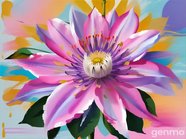 Drawing: bright day, stylized single pink clematis flower with a stem against a background of blue sky and sun (large strokes with strokes, strokes, blots) On an abstract pop art background with spots and strokes. Рисунок: яркий день, стилизованный одиночный цветок розовый клематис со стеблем на фоне голубого неба и солнца (крупные штрихи со штрихами, штрихами, кляксами) На абстрактном фоне поп-арта с пятнами и штрихами.
